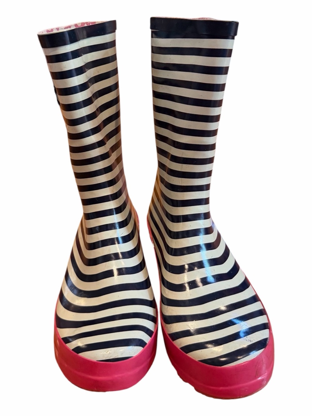 Time and Tru Black and White Striped Rain Boots with Pink Soles
